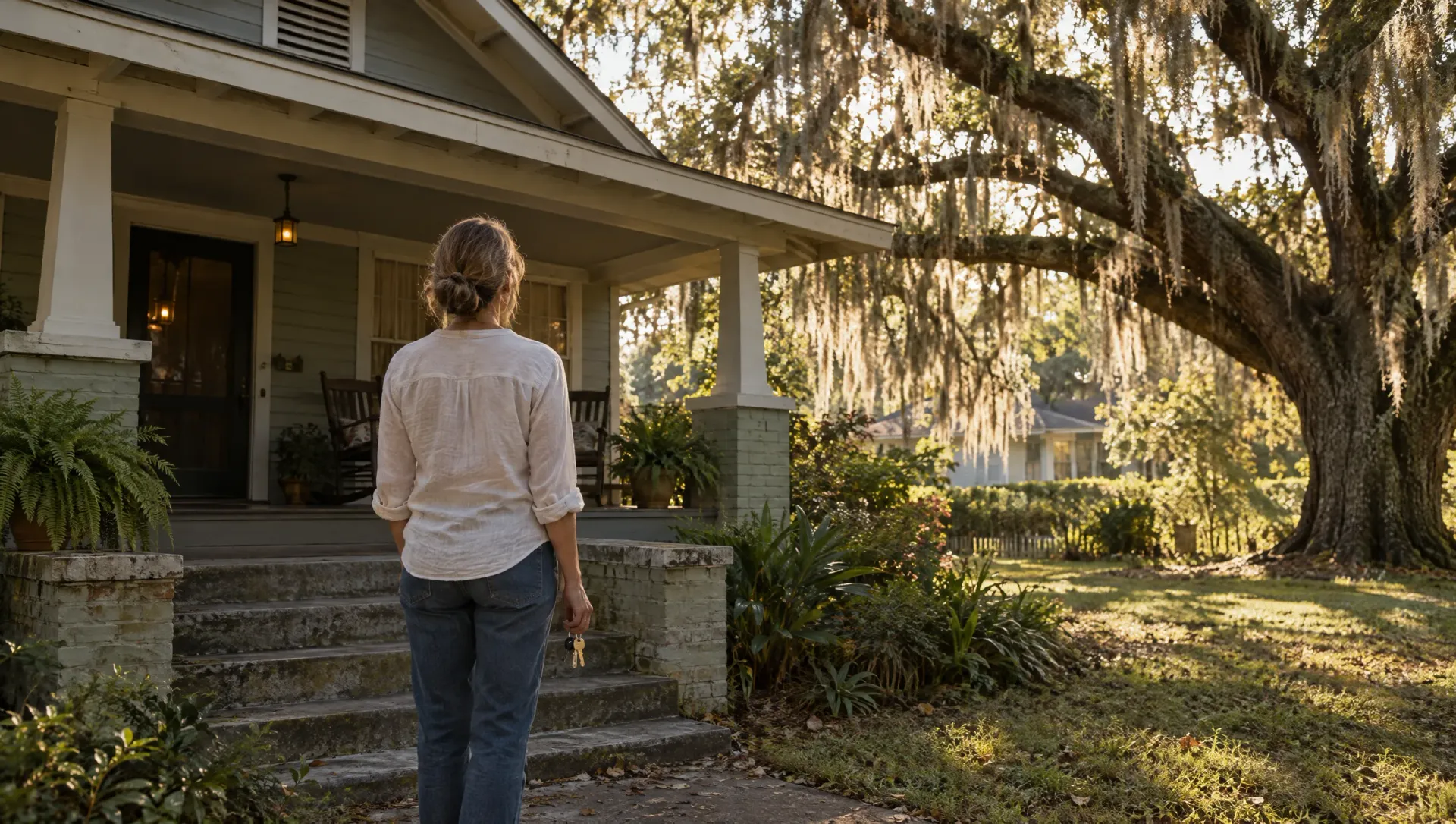Woman holding keys outside a porch bungalow shaded by a live oak with Spanish moss