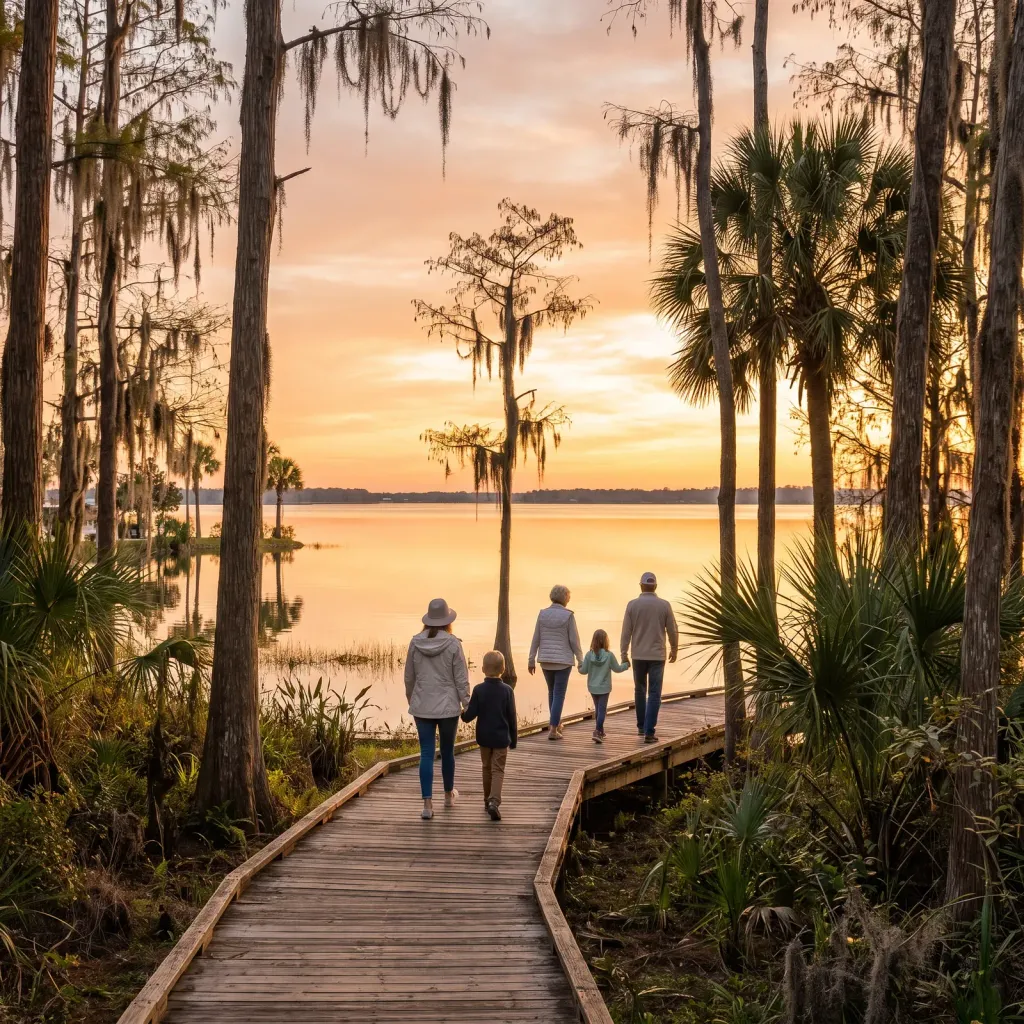 A family with a grandparent walking a boardwalk through cypress trees toward a lake