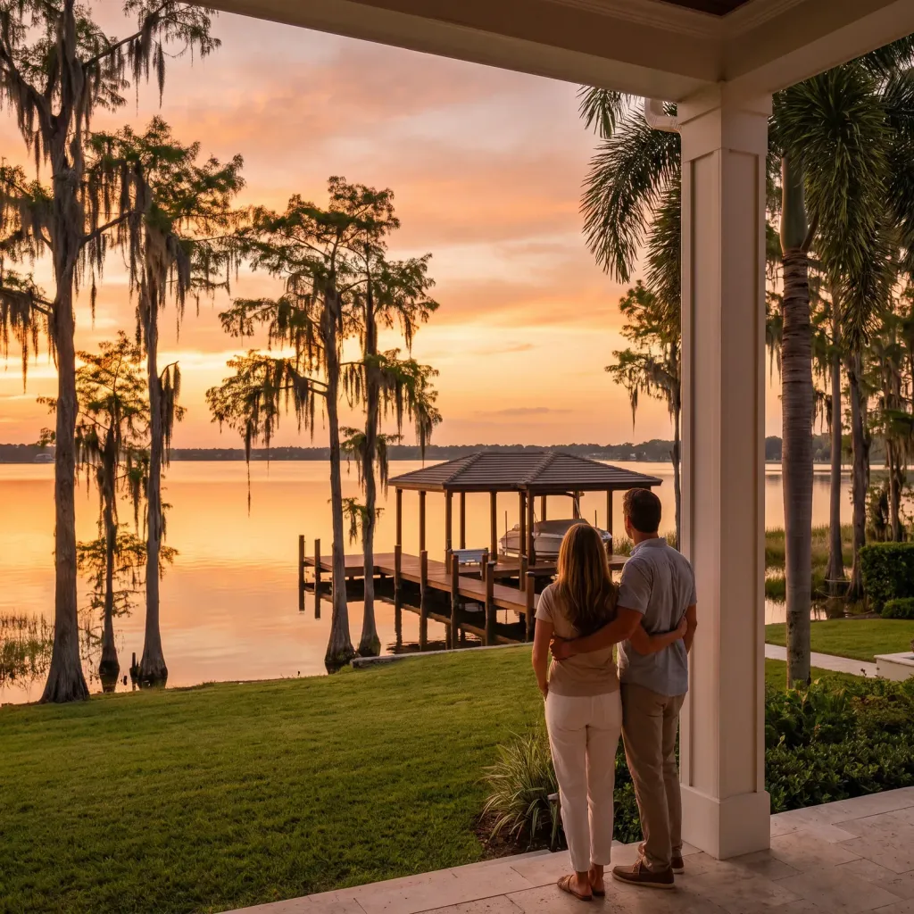 A couple on the back lanai of a lakefront home looking out at the dock and lake