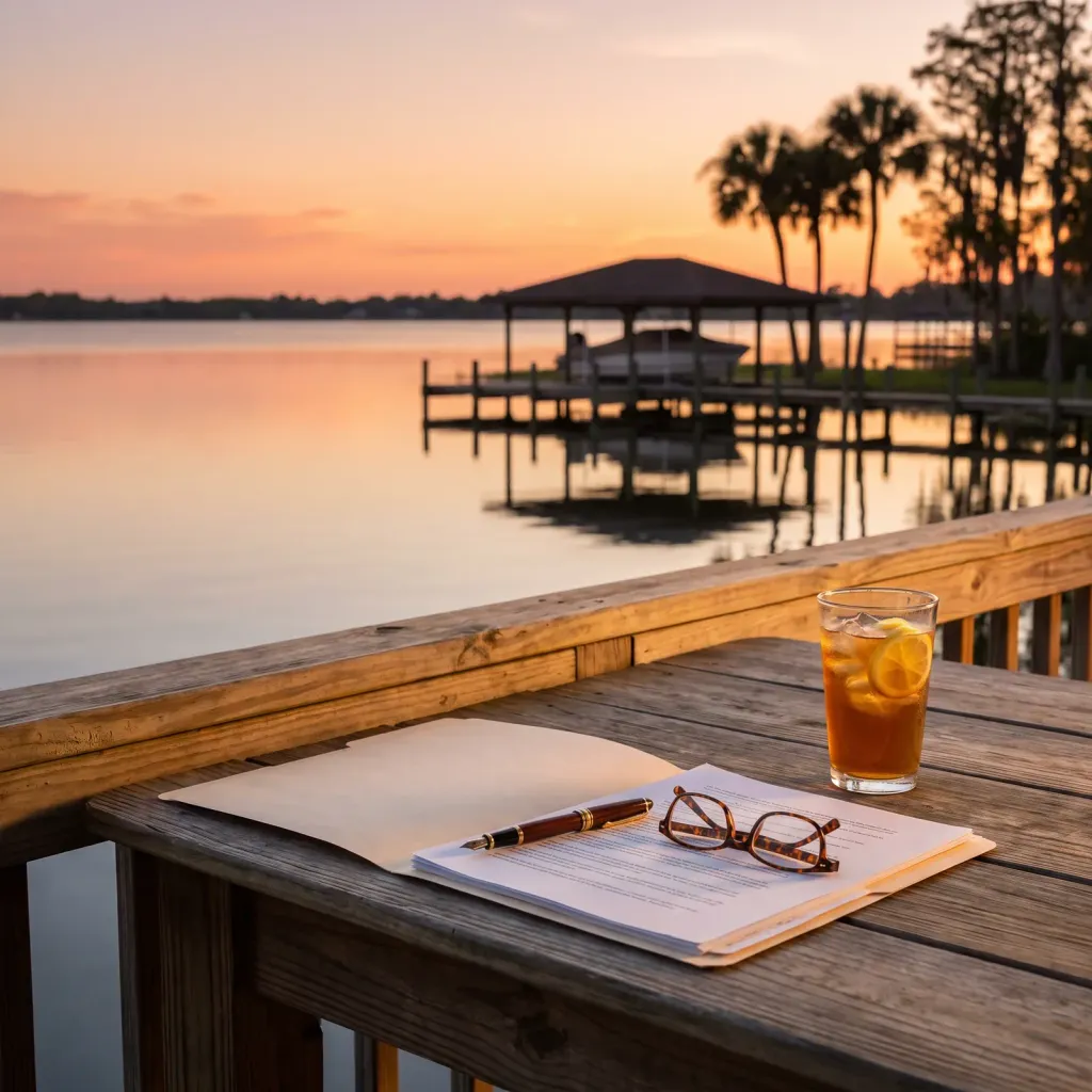 A folder of documents, pen and reading glasses on a porch table by a lake