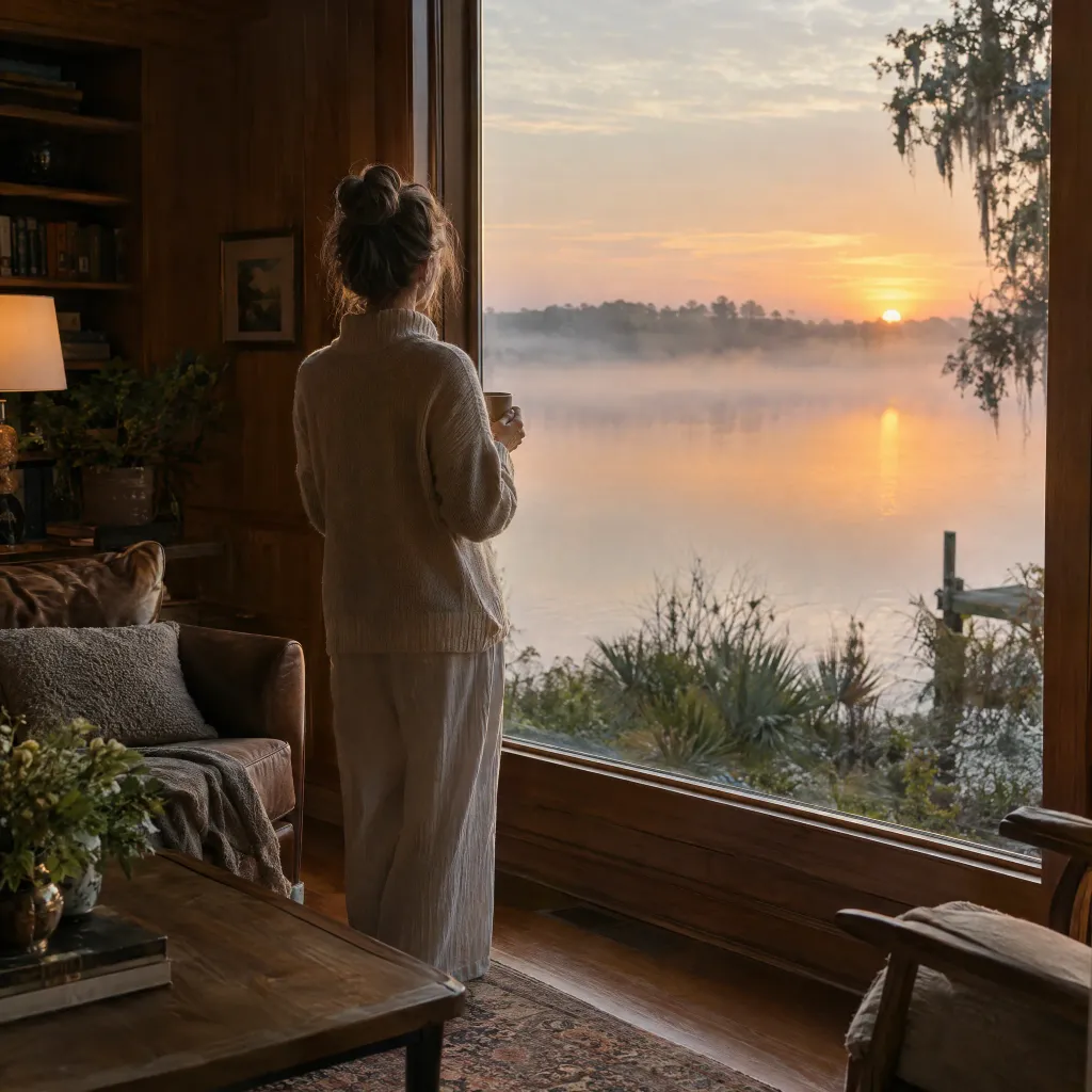 A woman seen from behind holding coffee at a living room window overlooking a misty lake at sunrise