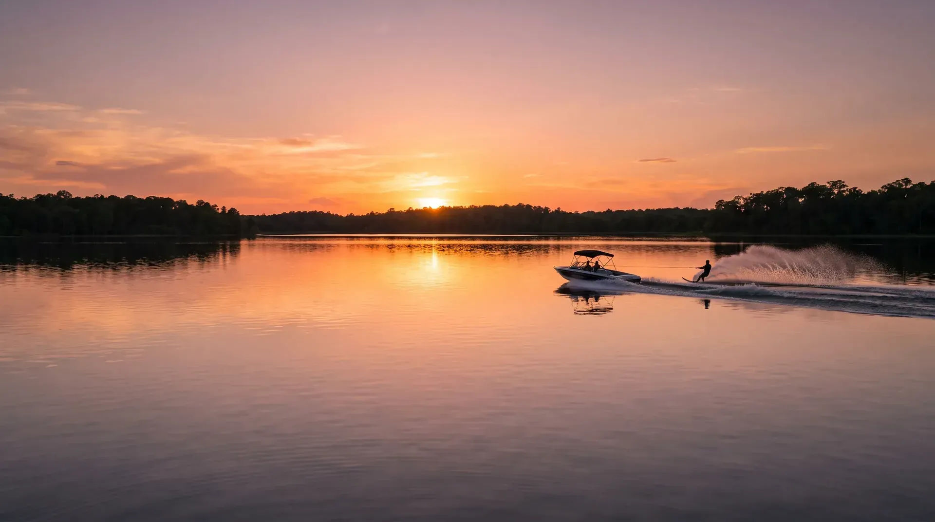 A waterskier behind a boat on a glassy lake at sunset