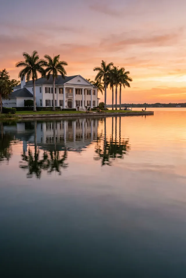 A white waterfront home with tall palms reflected in a lake at golden hour