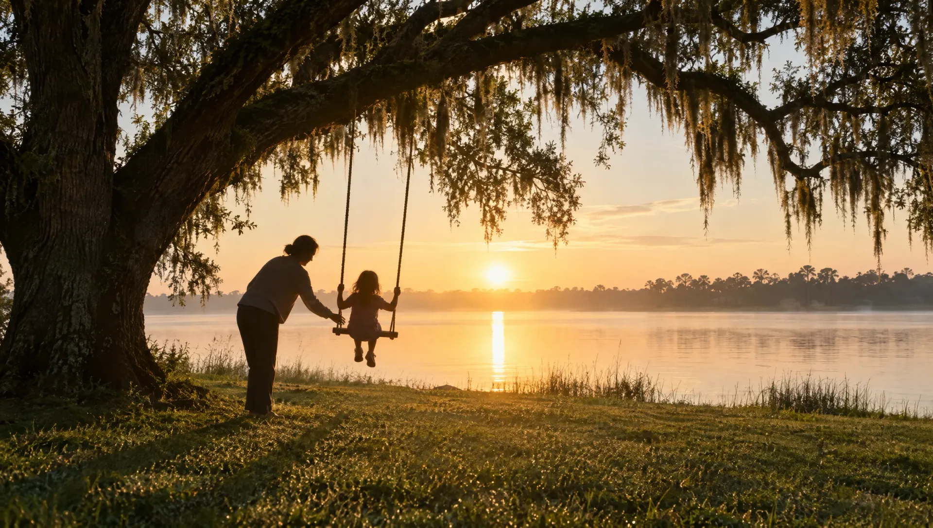 Parent pushing a child on a rope swing under a live oak beside a lake at sunrise