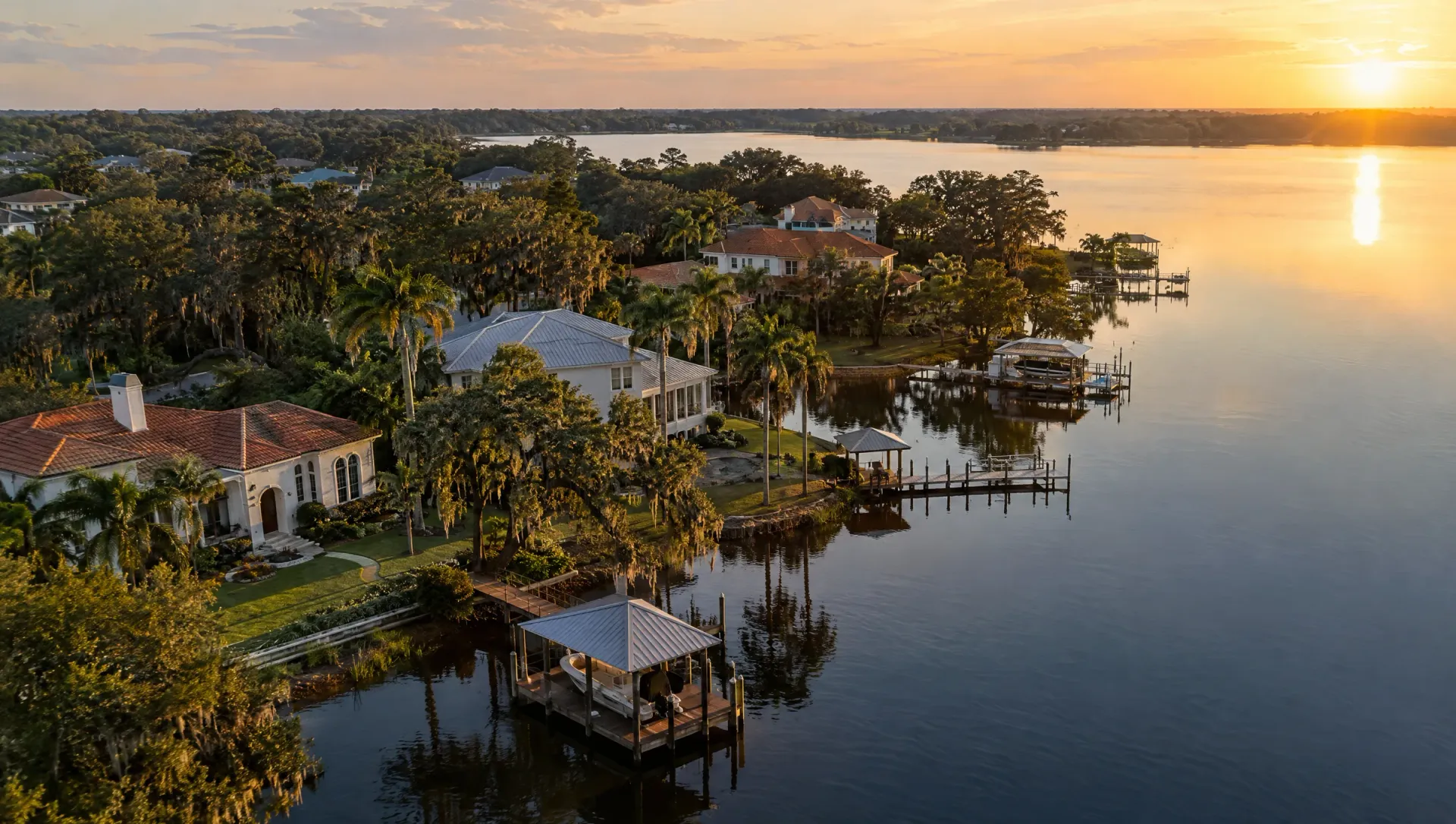 Elevated view of lakefront homes, live oaks and private docks on a calm Central Florida lake at sunset