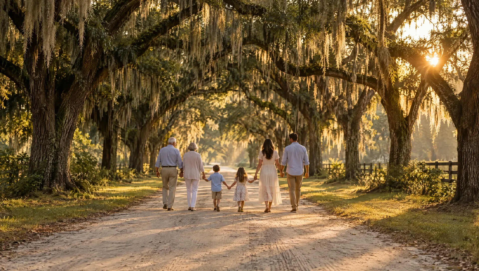 Grandparents, parents, and two children walking hand in hand down a live oak lane at golden hour