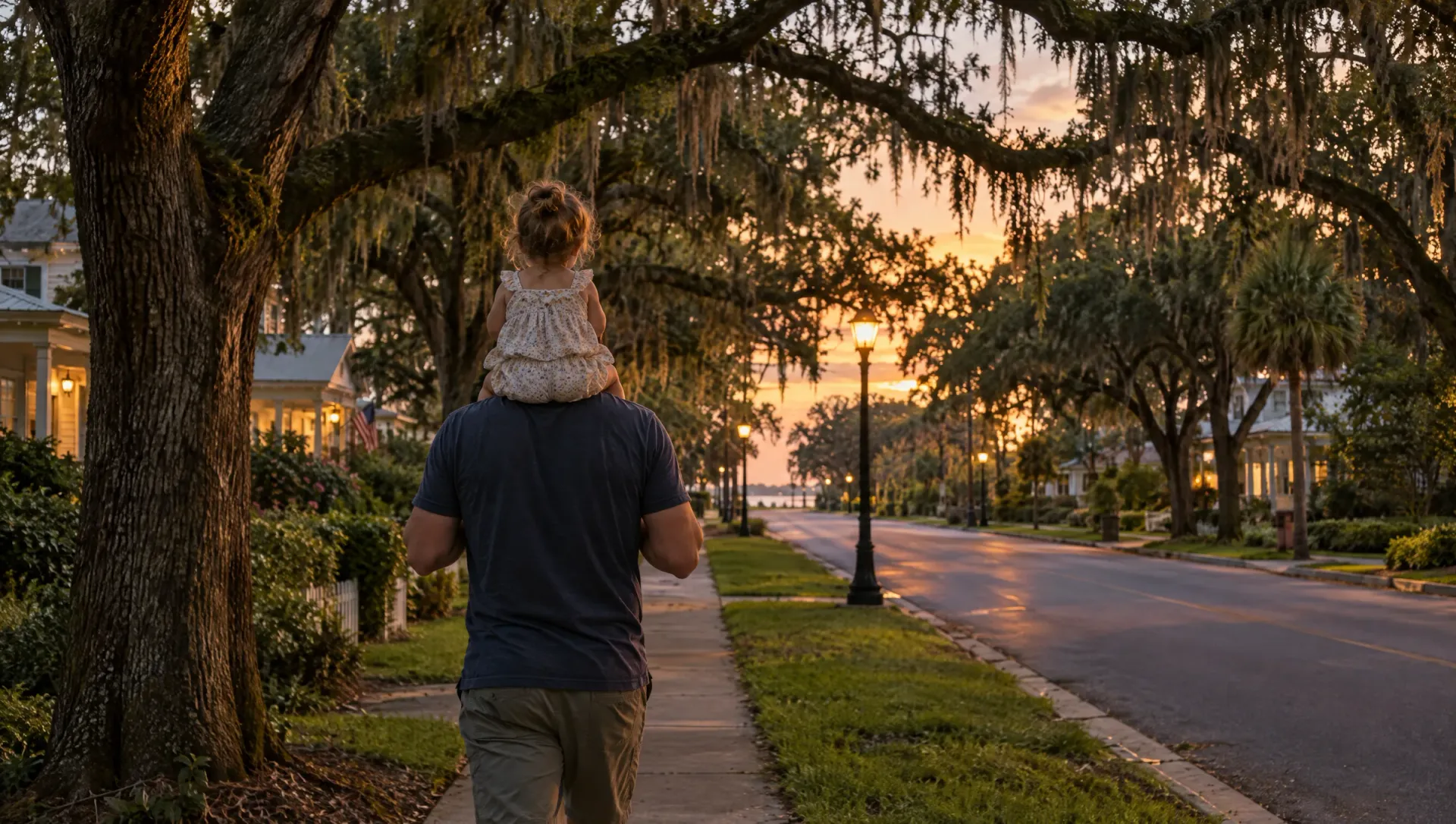 Father carrying a toddler on his shoulders down an oak-lined small-town street at dusk