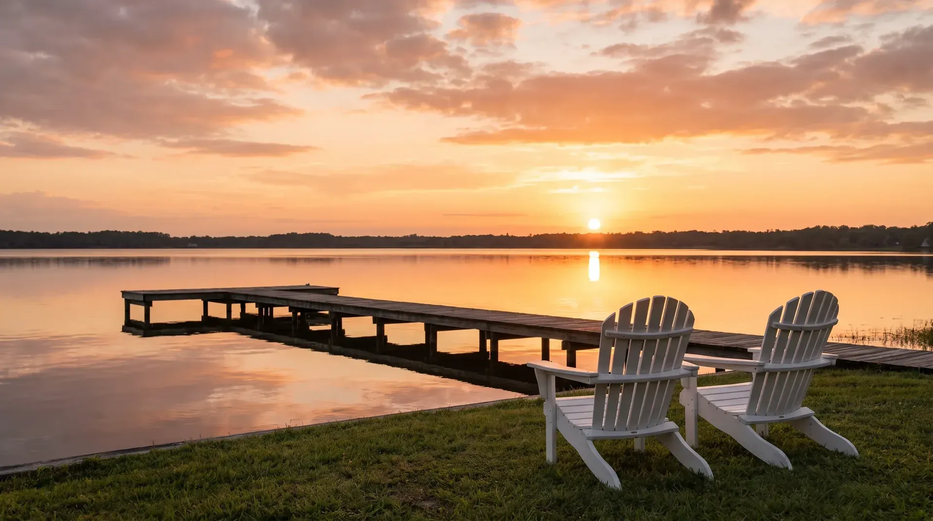 Two Adirondack chairs on a lakeshore facing a calm lake at sunset