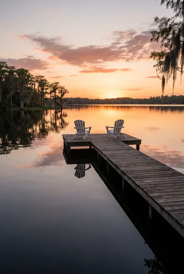 Two Adirondack chairs at the end of a dock facing a lake at sunset