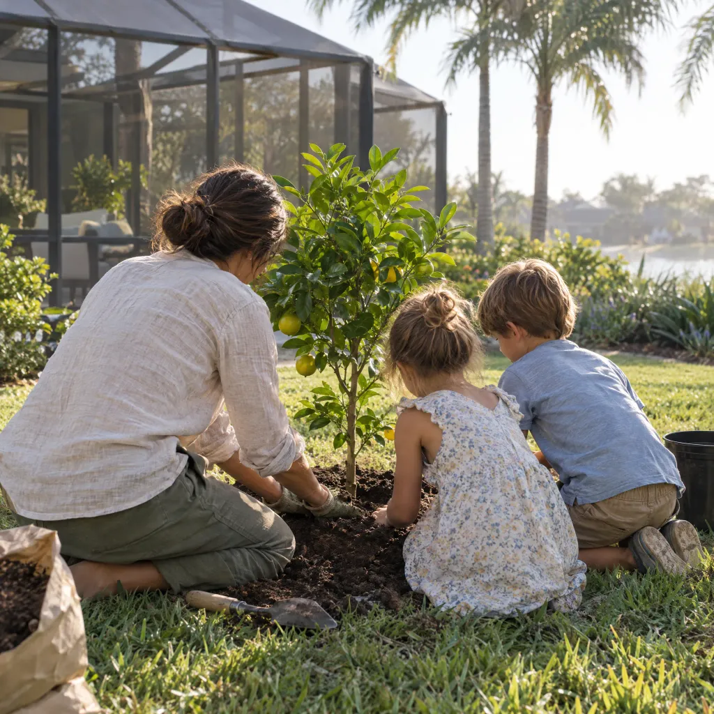 Mother and two children planting a small citrus tree in a backyard near a screened lanai