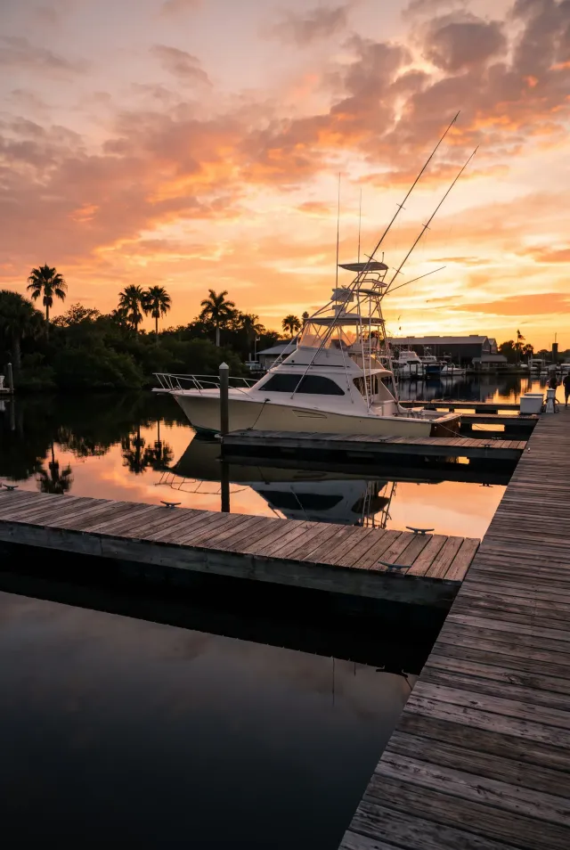 A sport-fishing boat tied at a marina dock at golden hour