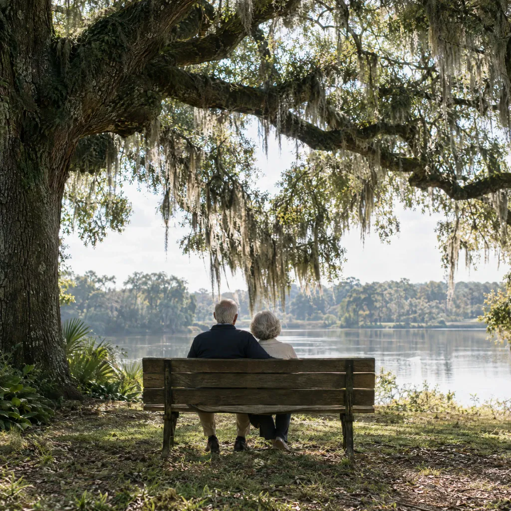 Older couple seen from behind on a bench beneath a mossy live oak facing a quiet lake
