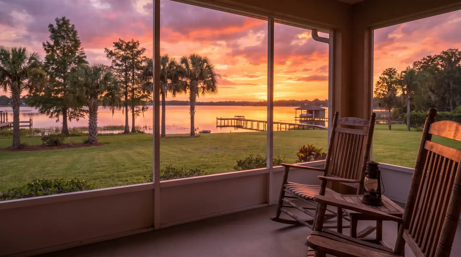 Rocking chairs on a screened porch overlooking a lake at dusk