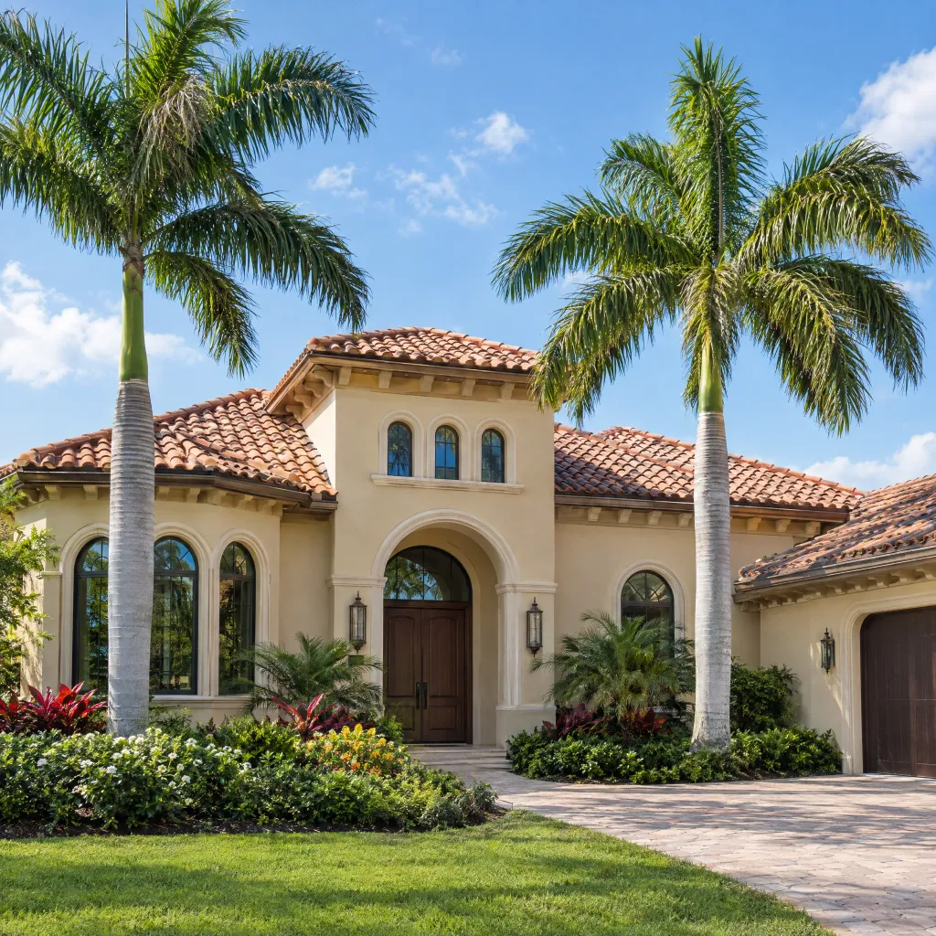 Mediterranean-style Florida home with tan stucco, terracotta roof, arched entry and royal palms