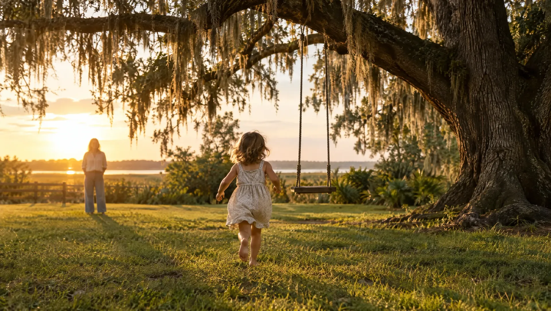 Young child running toward a rope swing under a mossy live oak as a parent watches