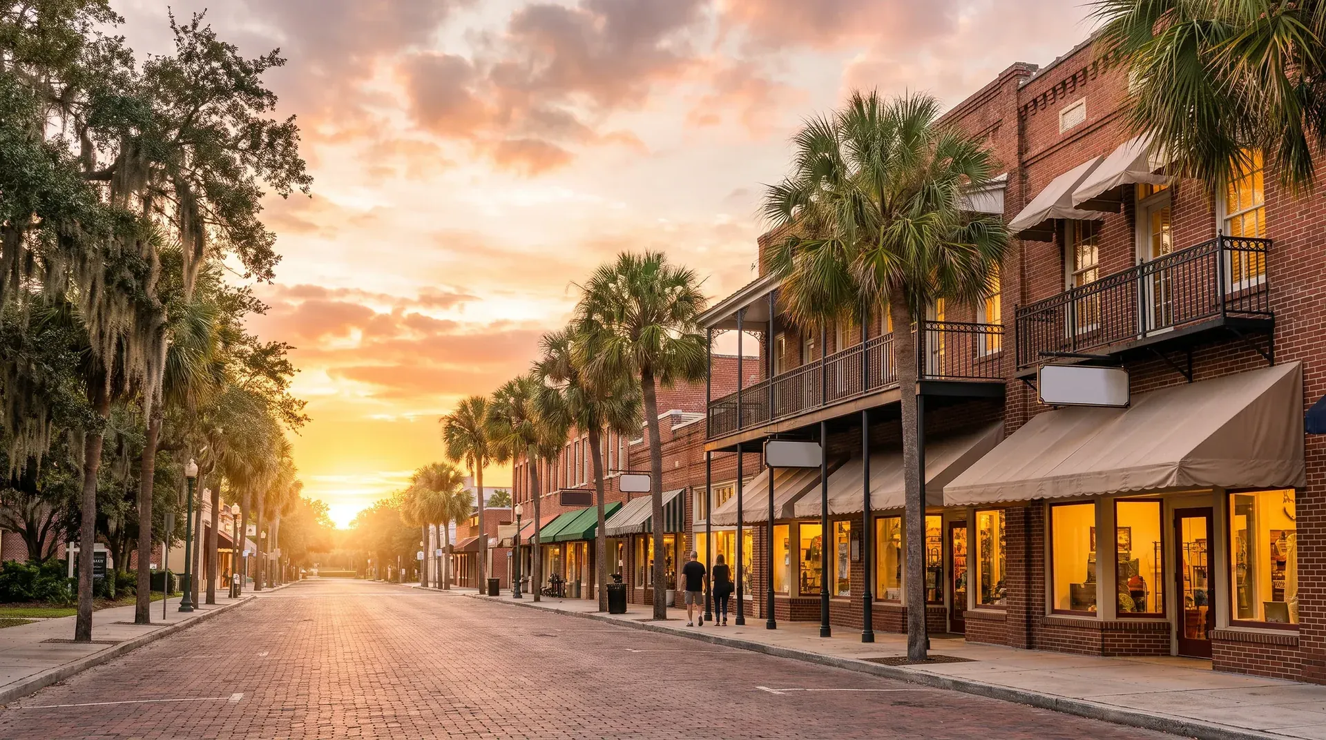 A palm-lined small-town main street with brick storefronts at golden hour