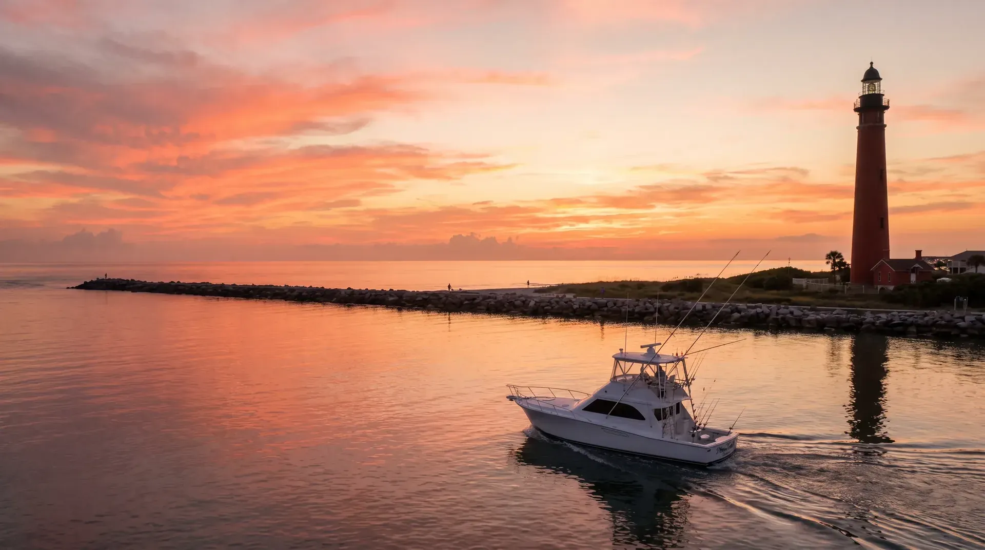 A lighthouse at an inlet with a fishing boat heading in at sunset