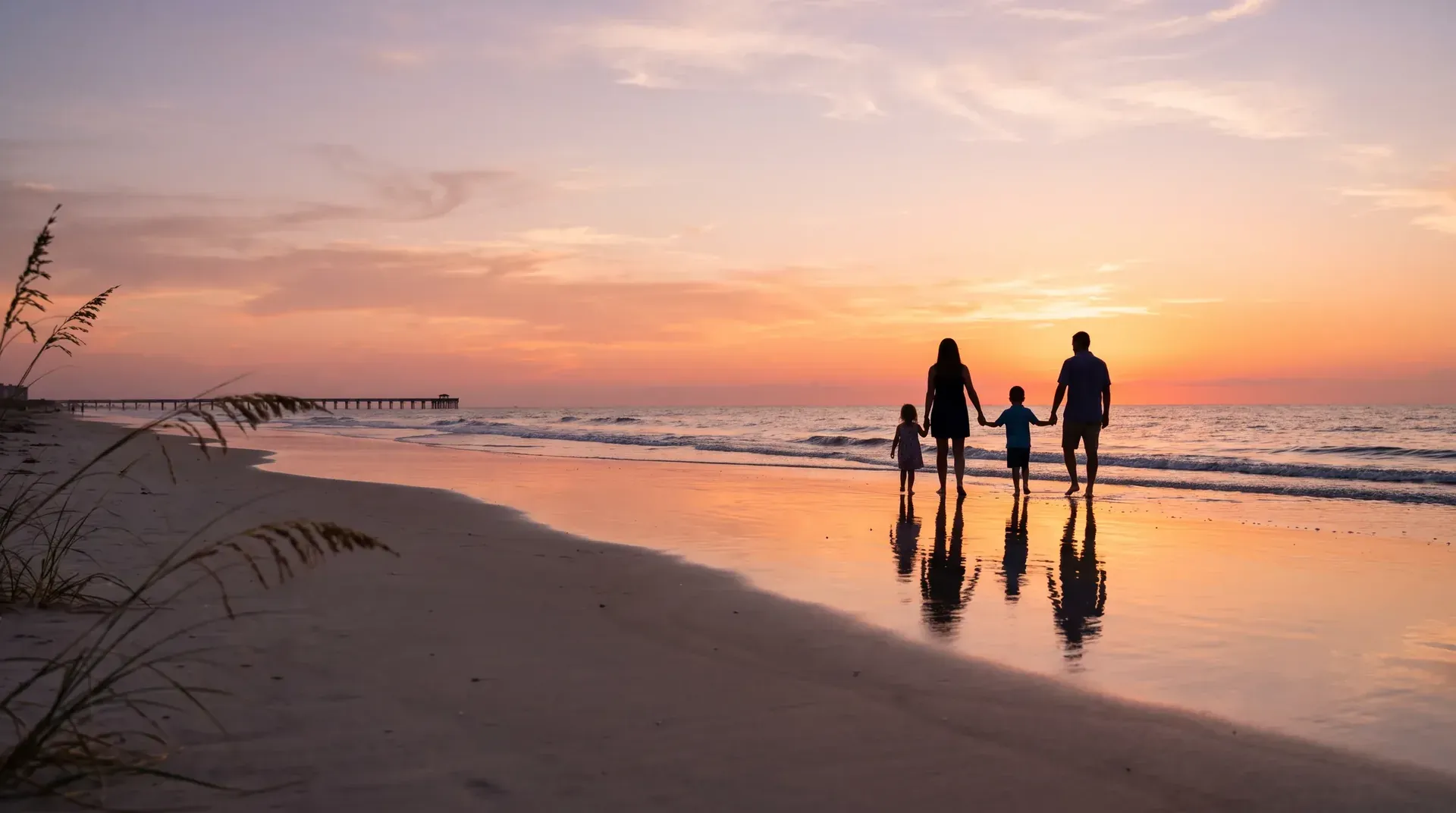 A family silhouetted holding hands at the water’s edge on a Florida beach at sunset