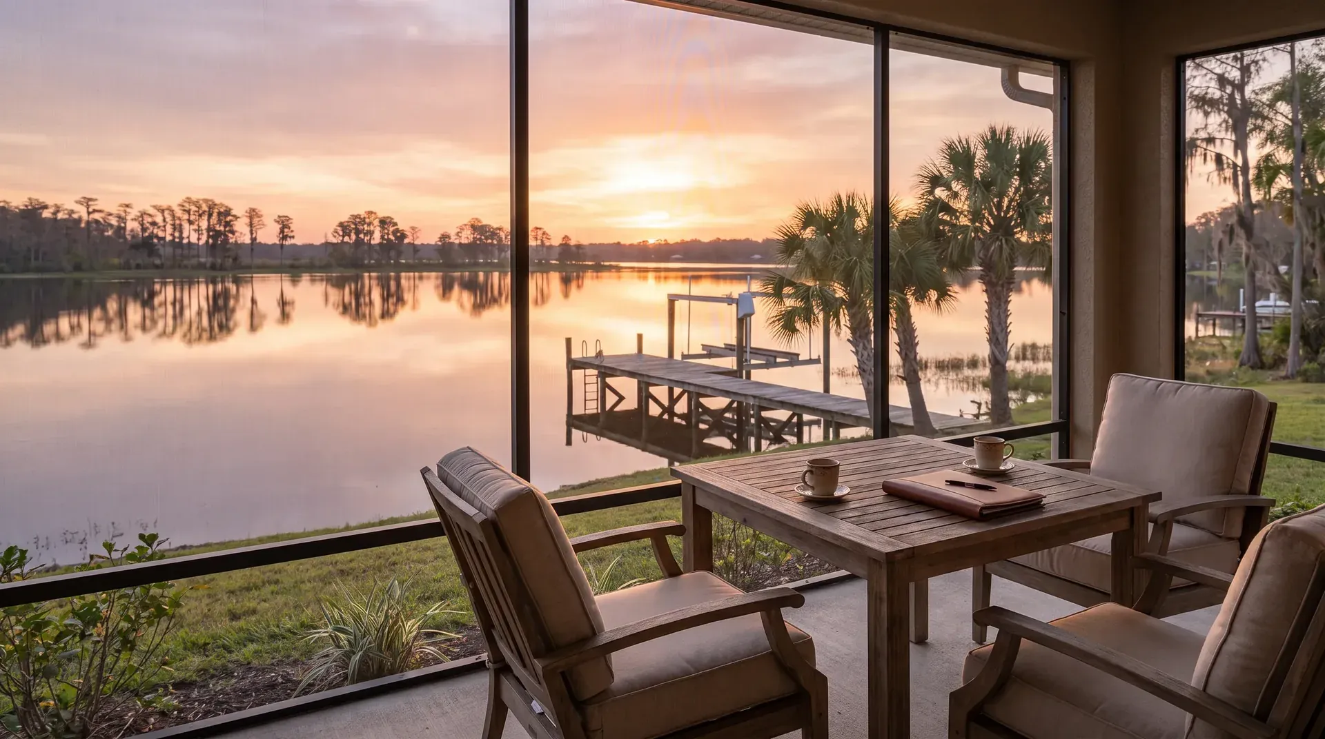 A lanai table set with coffee and a folder, overlooking a lake at golden hour