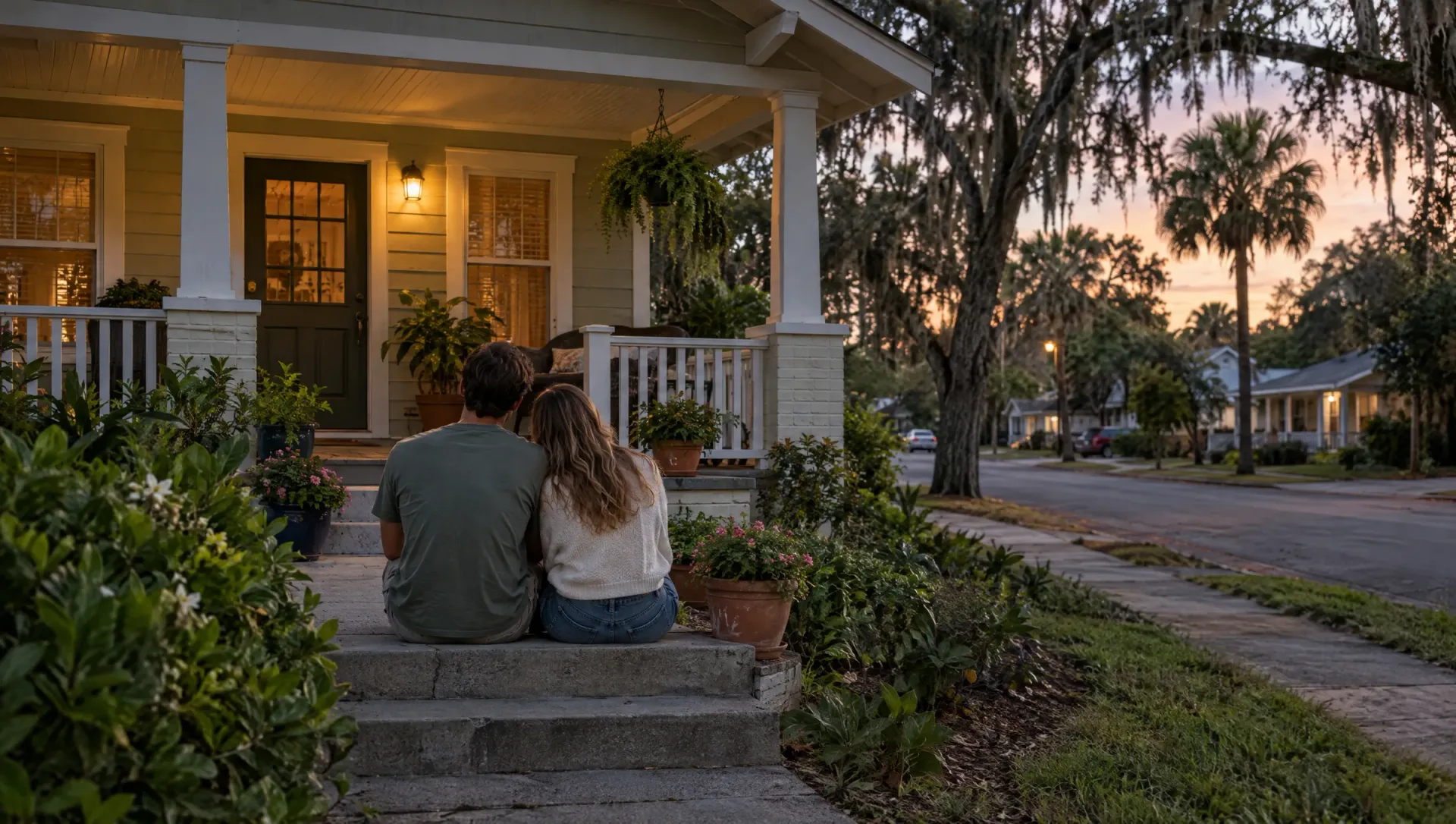 Young couple seen from behind sitting on the front steps of a small Florida bungalow at dusk