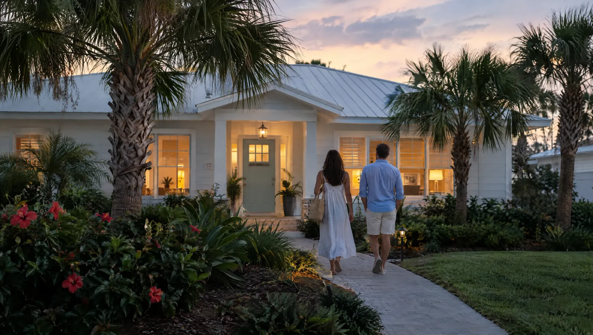 A couple seen from behind walking up the path to a palm-lined Florida cottage at dusk