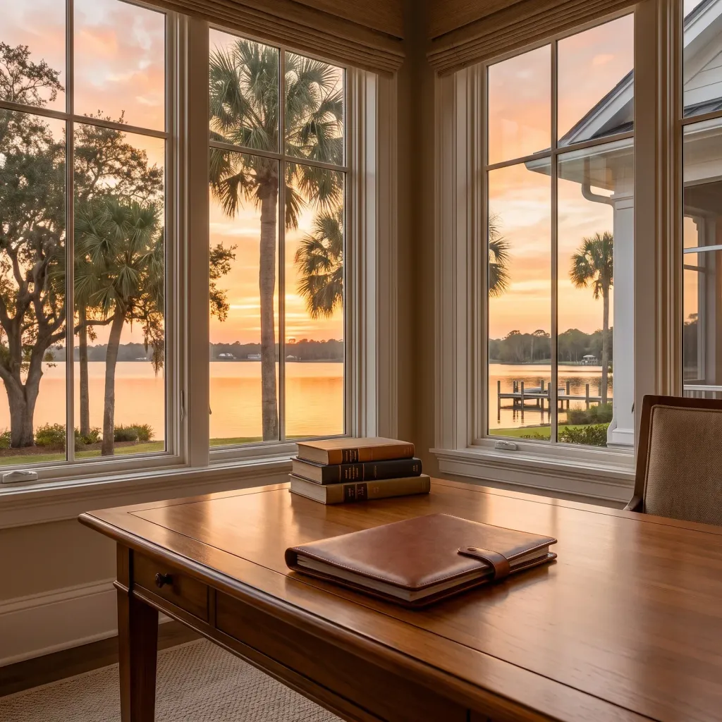 A bright home office with windows looking out on palms and a lake