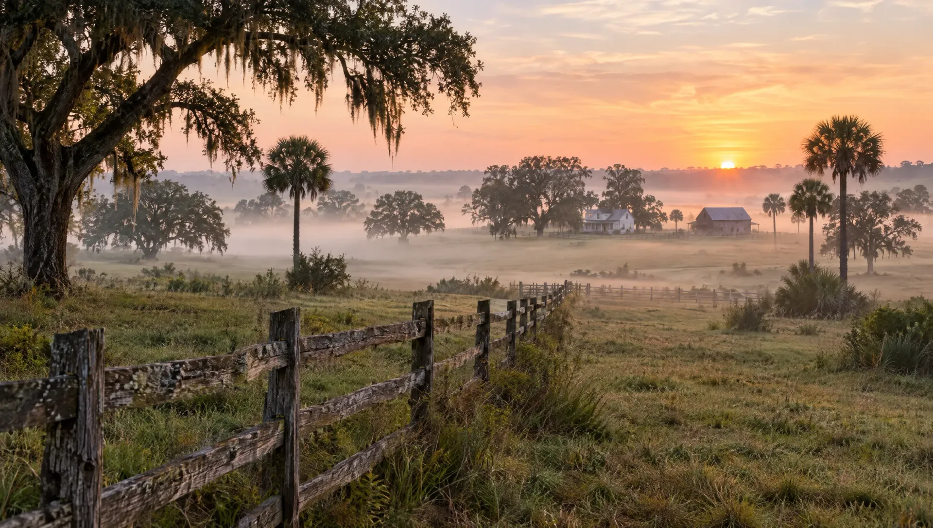 Split-rail fence across foggy Florida pasture toward a distant farmhouse and barn at dawn