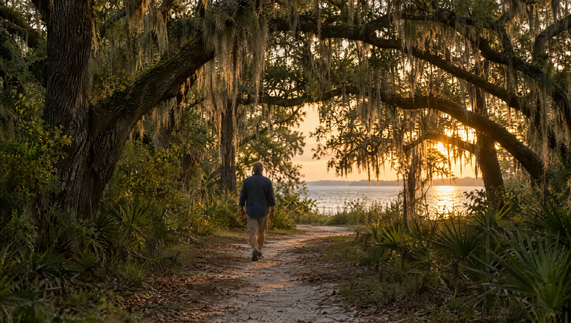 Man walking a sandy path under mossy live oaks toward a lake at golden hour