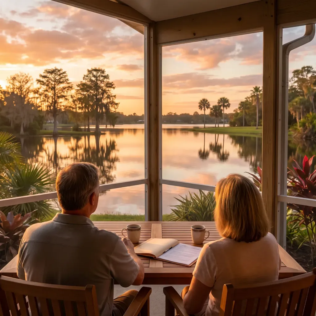 A couple talking over coffee and papers on a lanai overlooking a lake