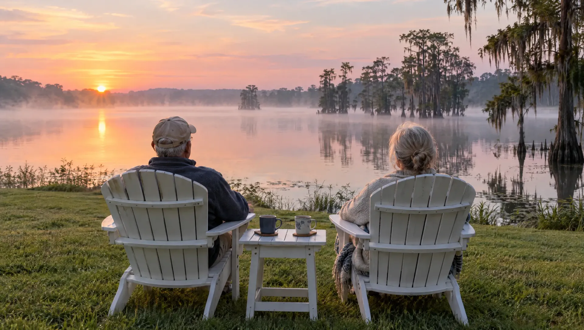 Older couple in white Adirondack chairs facing a misty cypress lake at sunrise