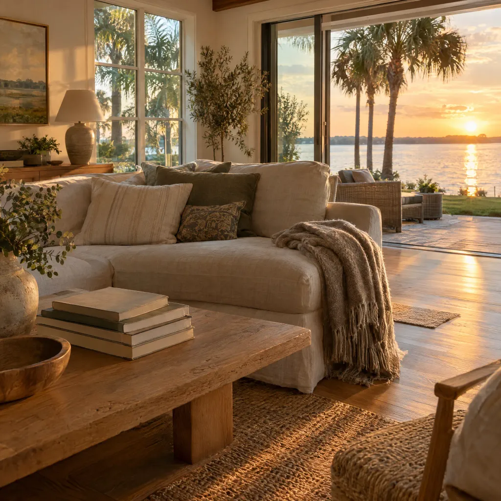 Lake home living room with linen sofa and open sliding doors to a lake and palms at sunset