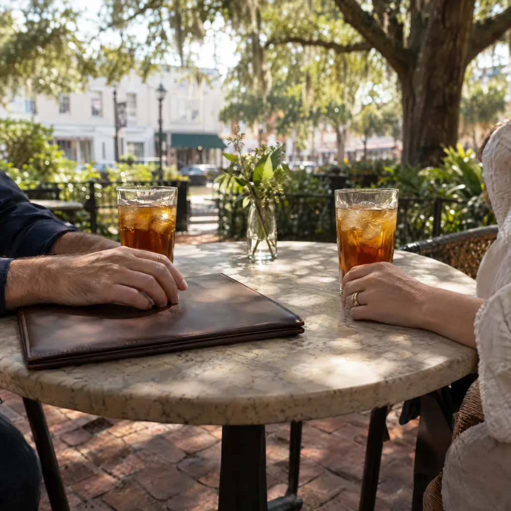 Two people's hands at a café table with iced tea and a closed leather folio on a shaded brick patio