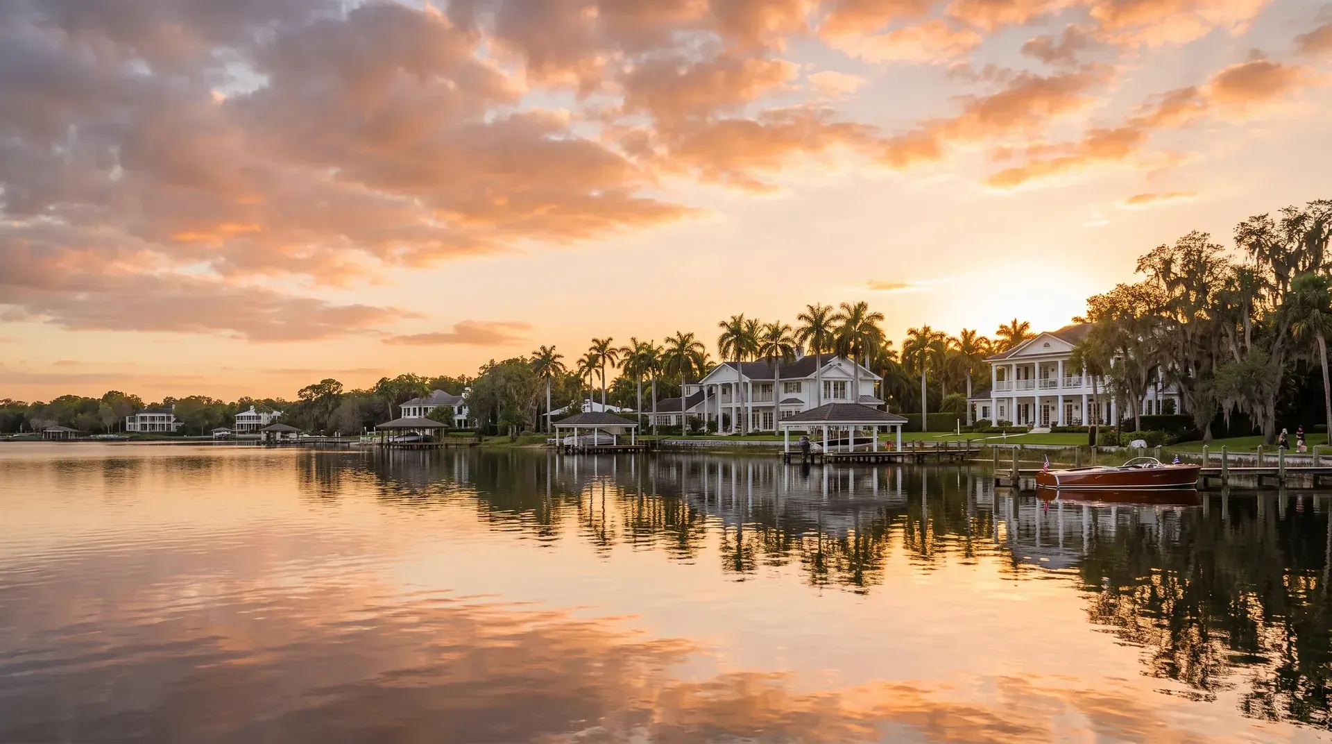 Grand white waterfront homes, docks and palms along a calm Central Florida lake at sunset