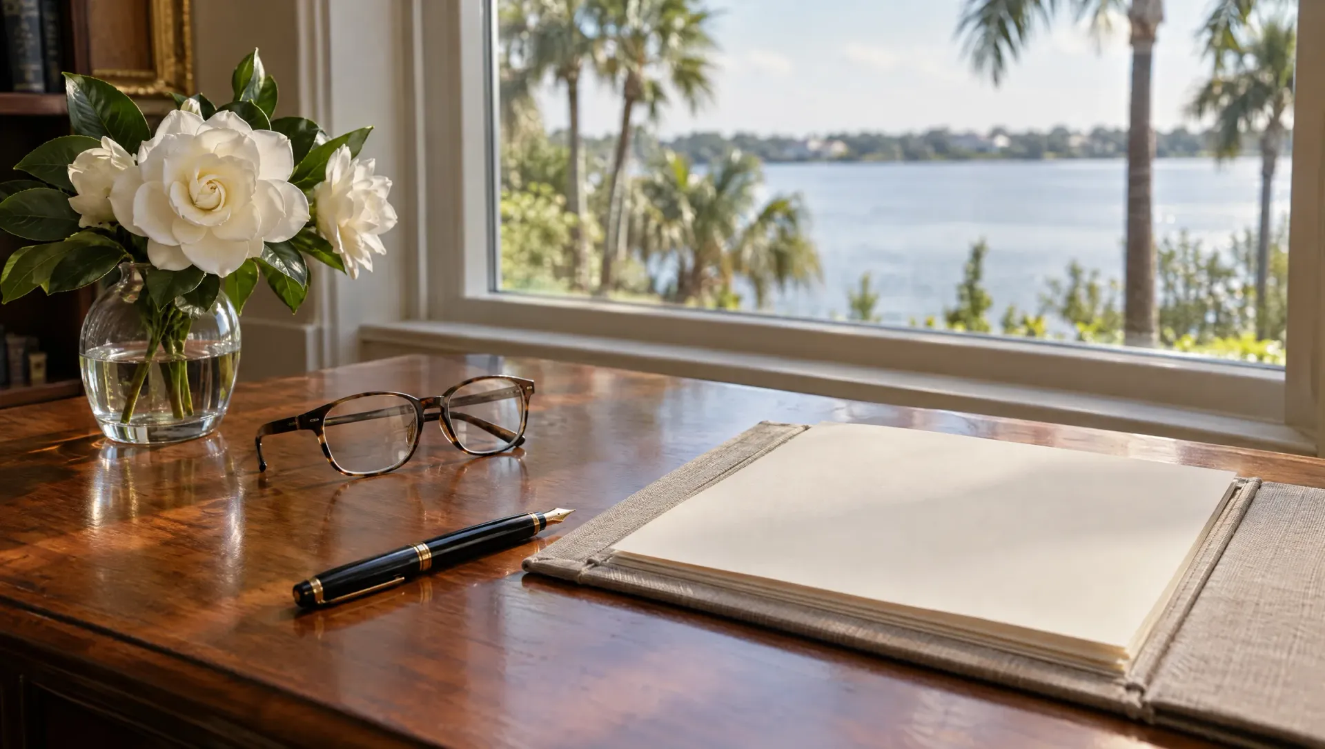 Wooden desk with fountain pen, reading glasses, blank paper and gardenias by a window overlooking a lake