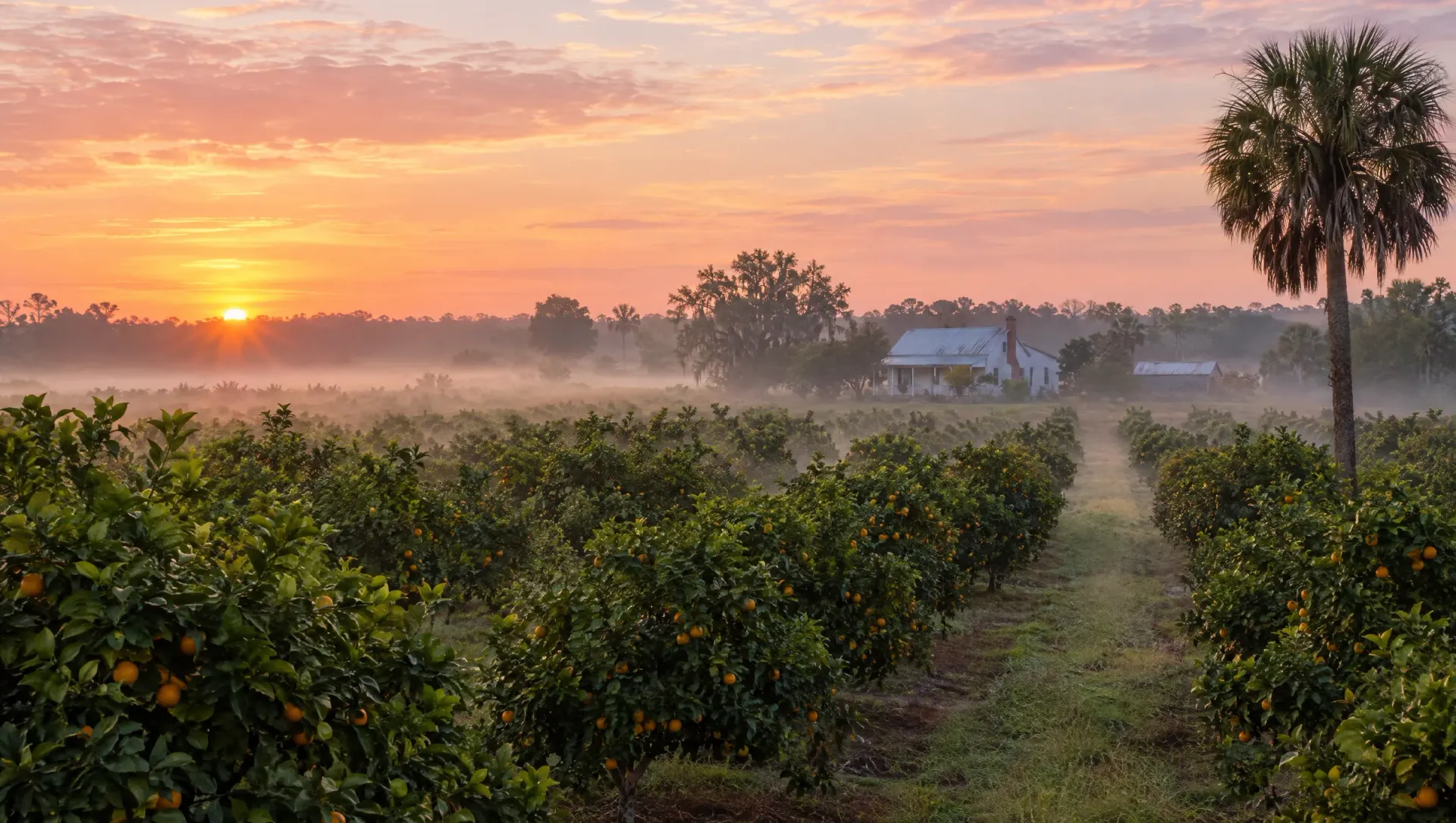 Misty Central Florida orange grove at sunrise with a white farmhouse and a cabbage palm