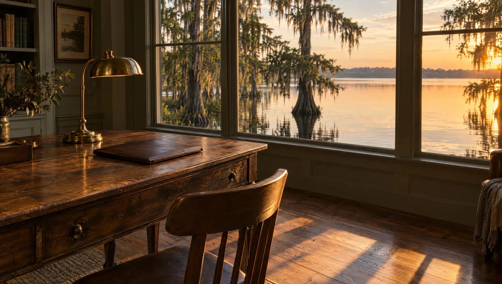 Wooden desk with brass lamp and leather portfolio by a window overlooking a cypress lake