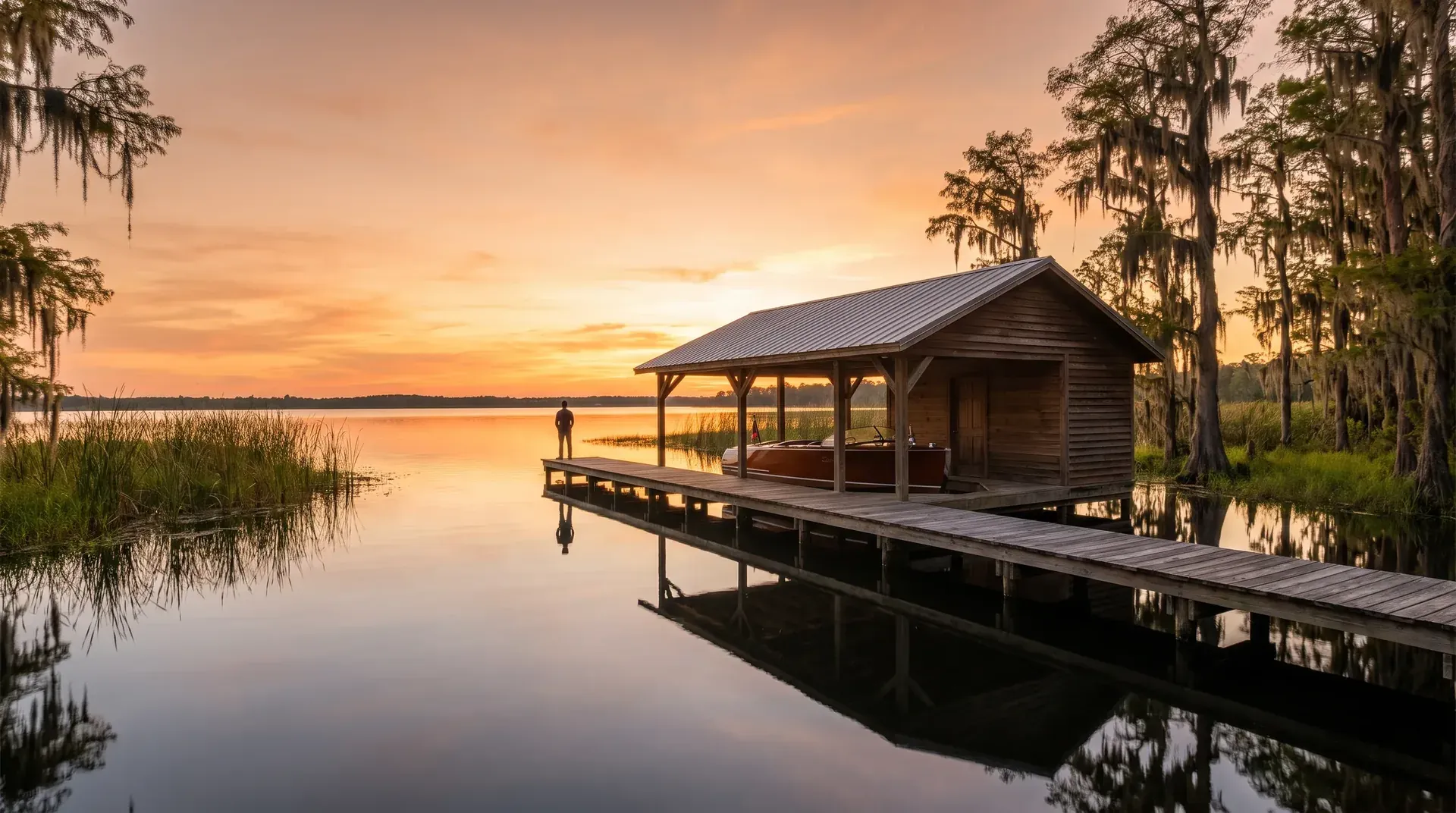 A wooden boathouse at the end of a dock on a clear lake at golden hour