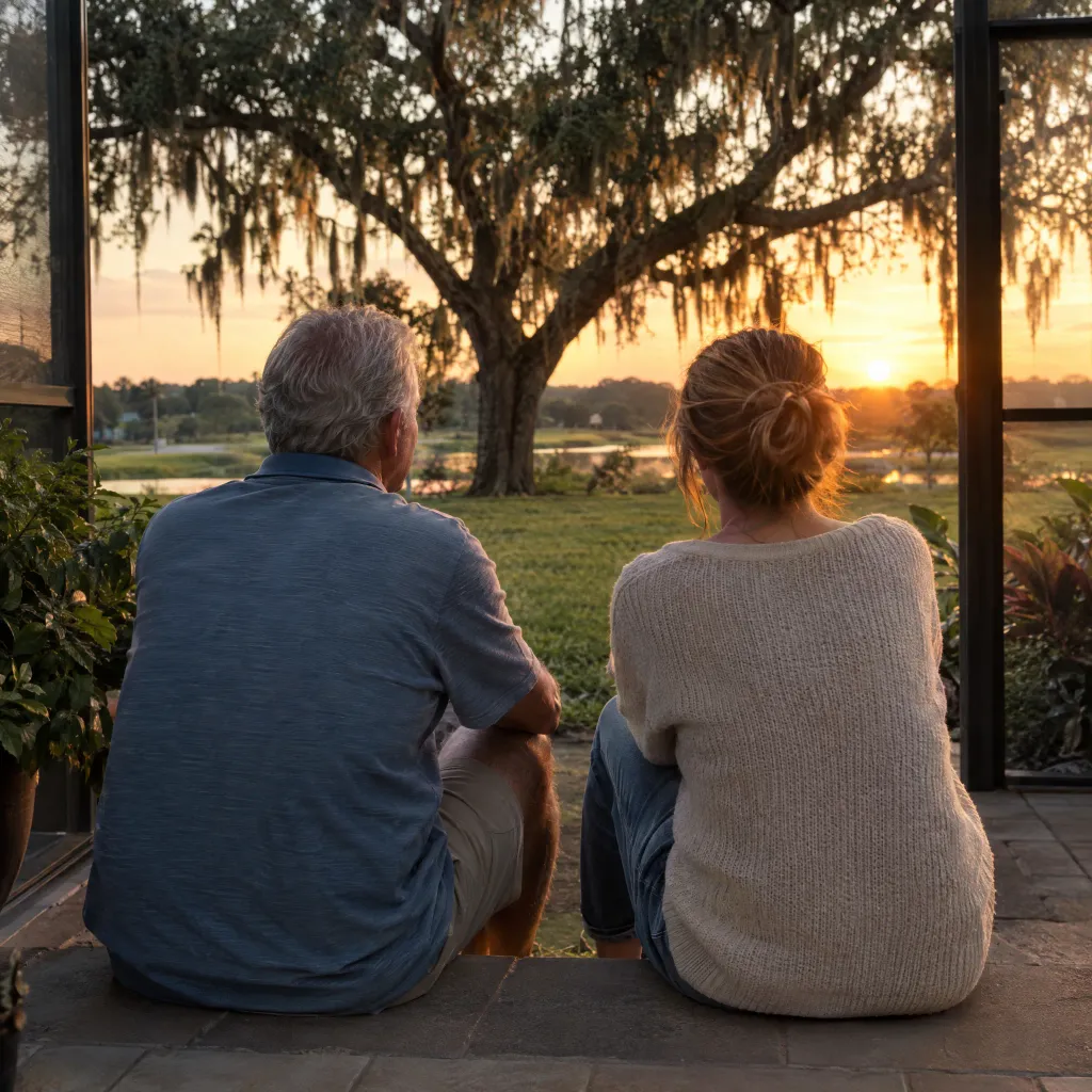 An older man and his adult daughter seen from behind, sitting on lanai steps facing a live oak at sunset
