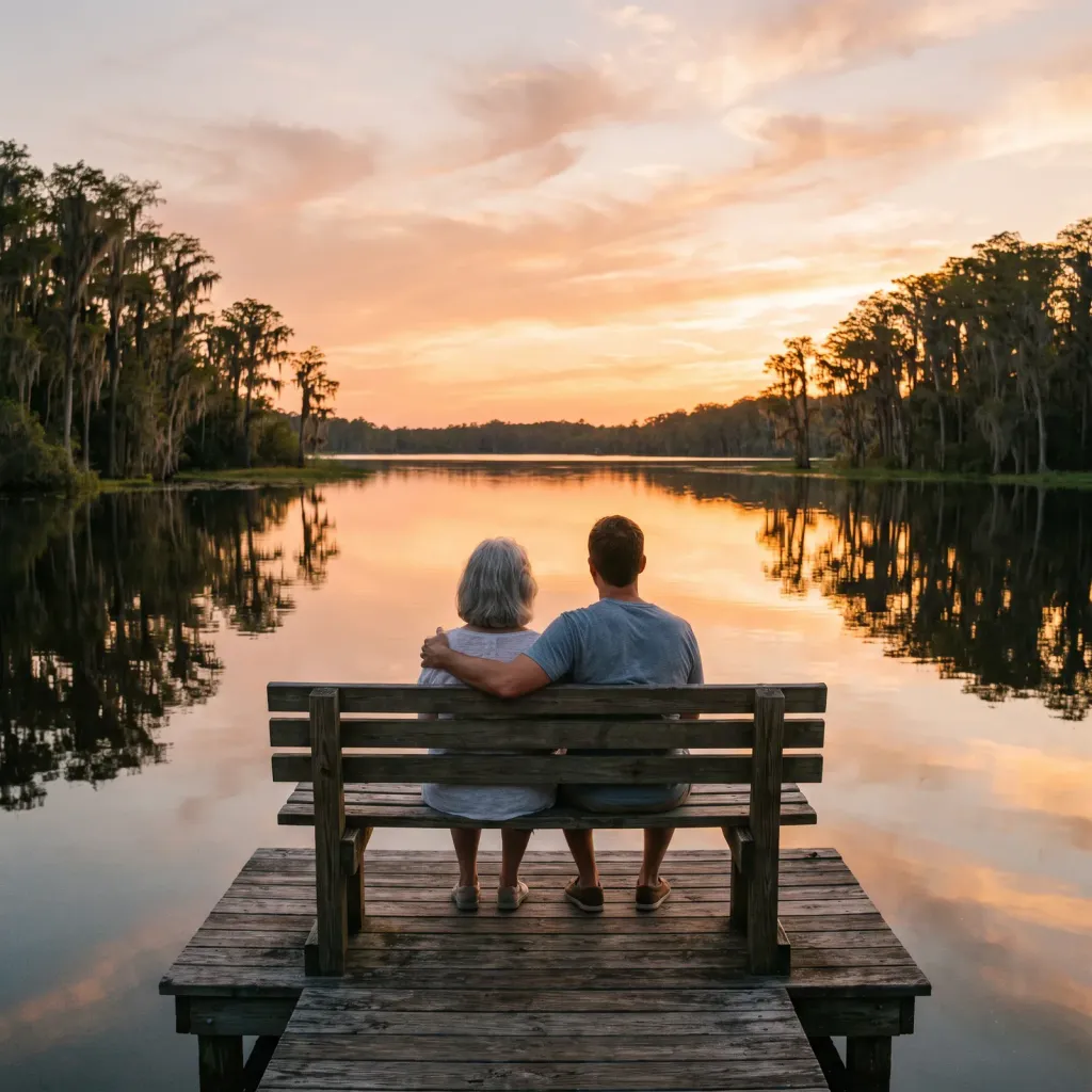 An older woman and her adult son sitting together on a dock bench by a lake