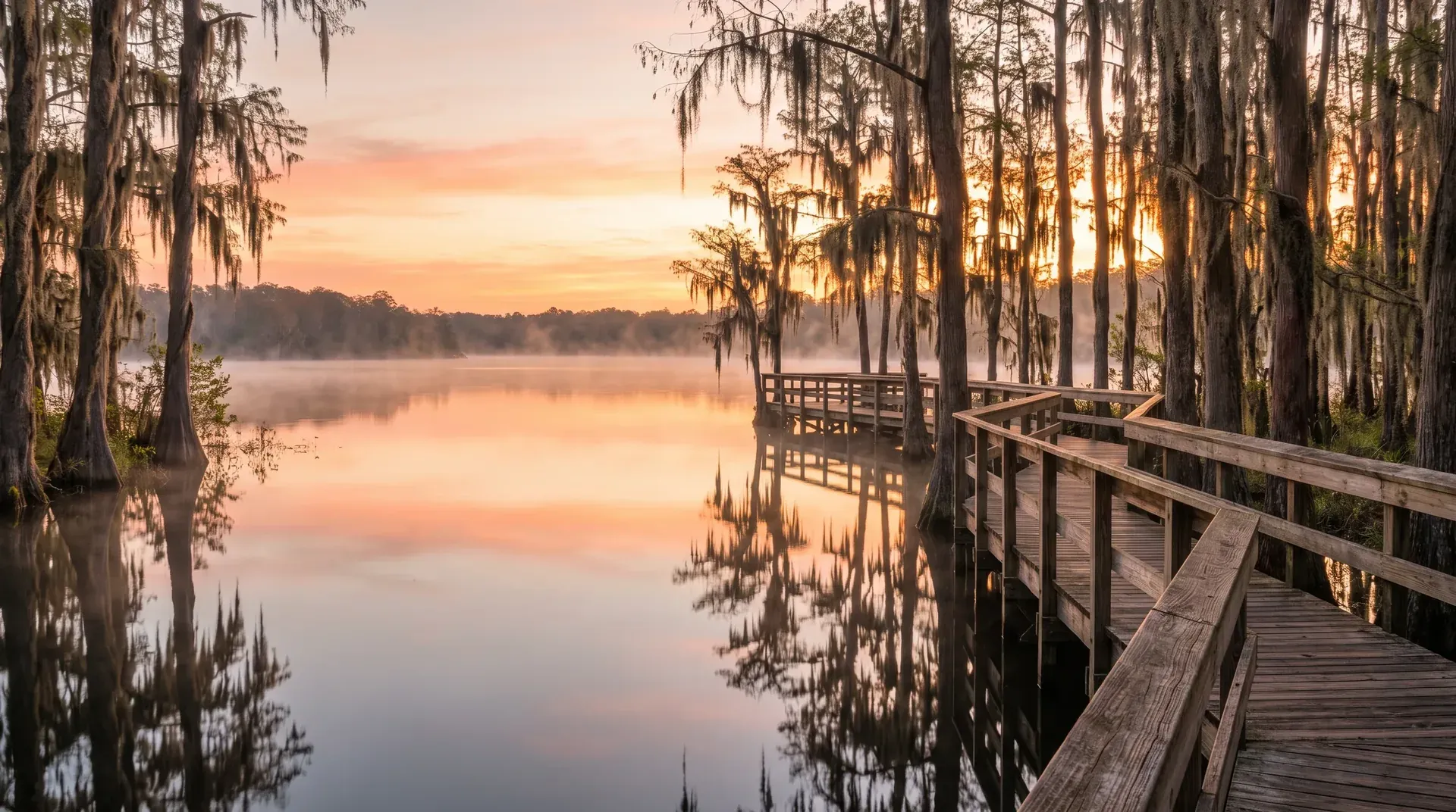A wooden boardwalk through moss-draped cypress trees to a misty lake at sunrise