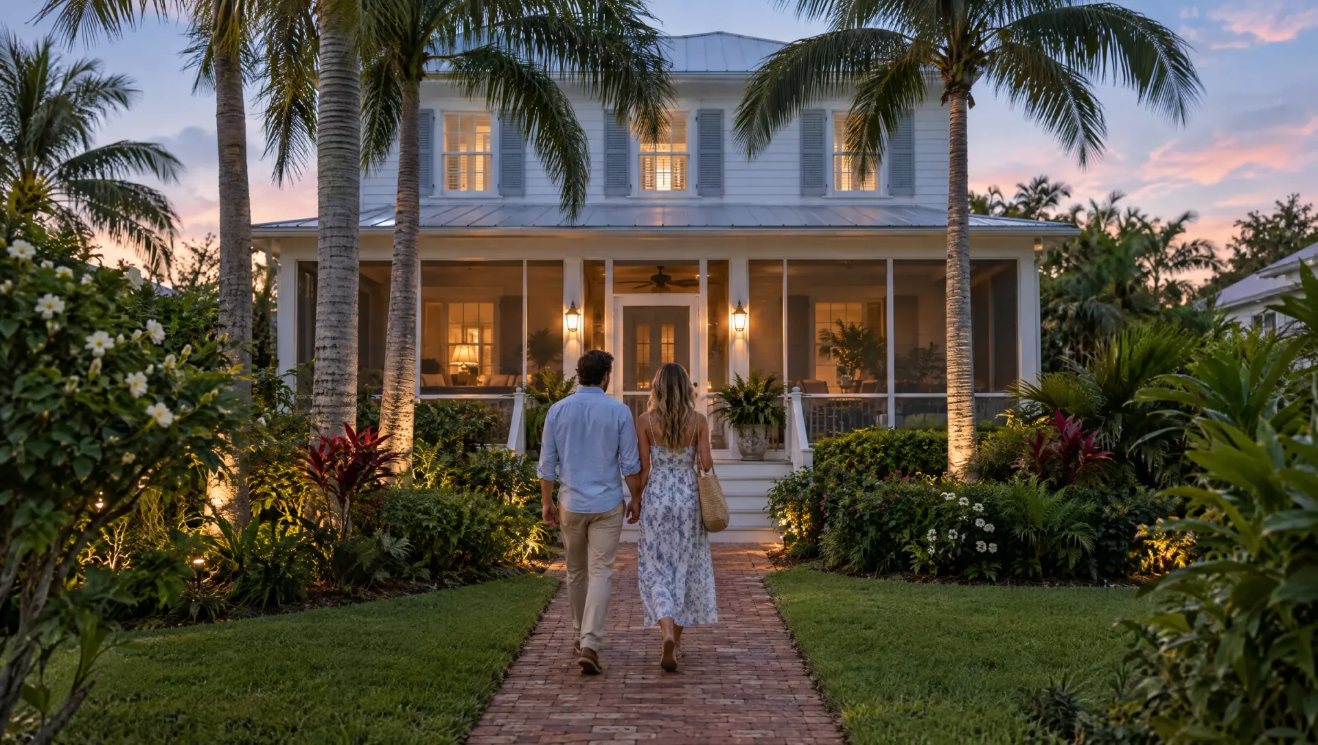 Couple walking up a brick path to a white Florida home with a lit screened porch at dusk