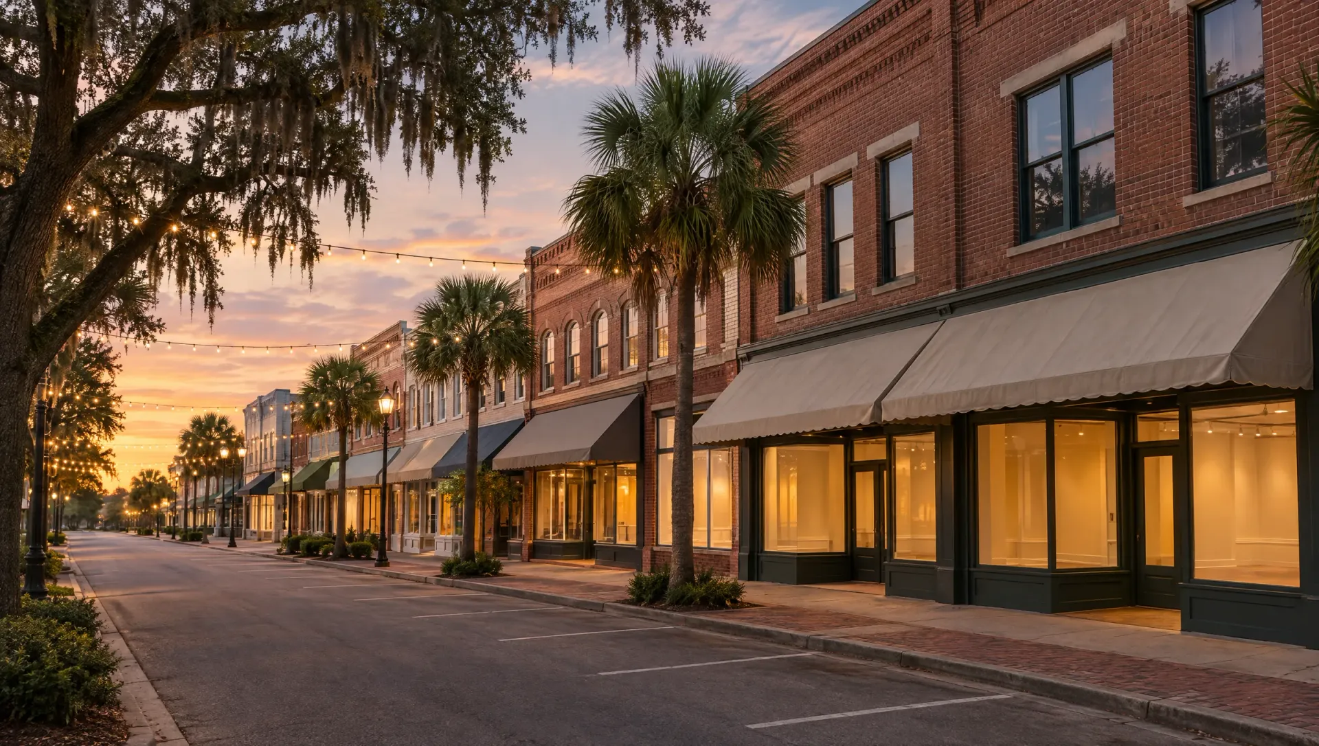 Small-town main street of brick storefronts with awnings and string lights at dusk