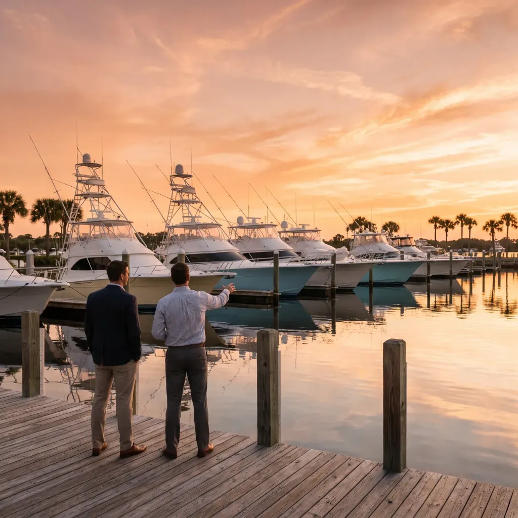 Two business owners talking on a marina dock at golden hour