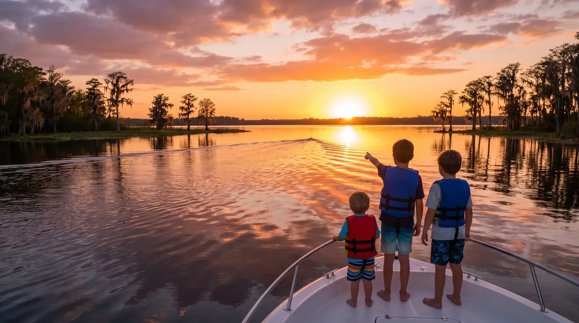 Children in life jackets on a boat, one pointing at the sunset over a lake