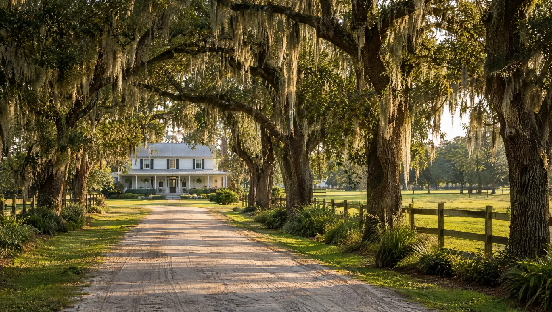 Sandy driveway under moss-draped live oaks leading to a white farmhouse beside fenced pasture