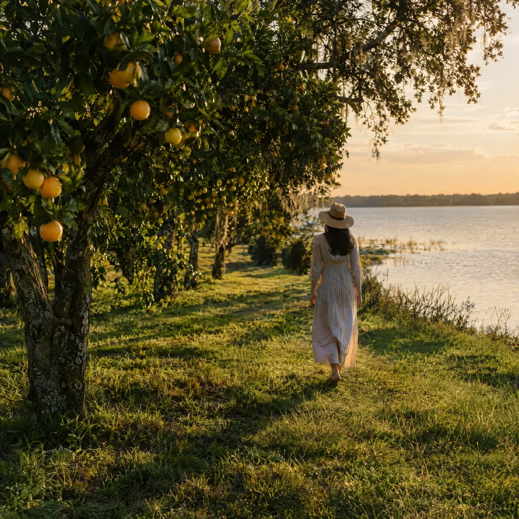 A woman in a sun hat walking a grassy path between an orange grove and a lake in golden light