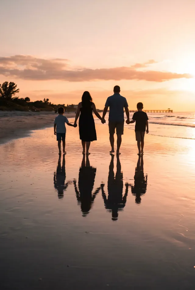 A family silhouetted holding hands on the beach at sunset