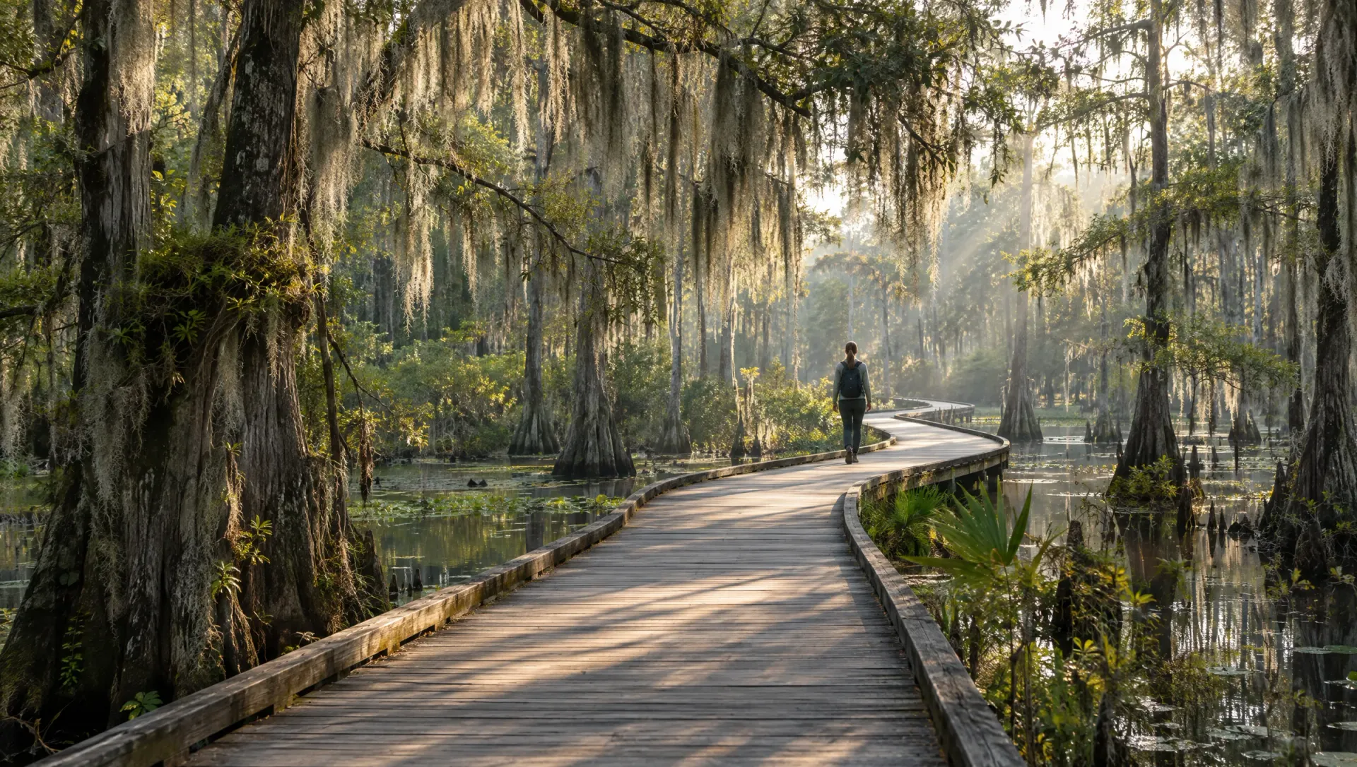 A person walking a winding boardwalk through a cypress swamp draped in Spanish moss in morning light