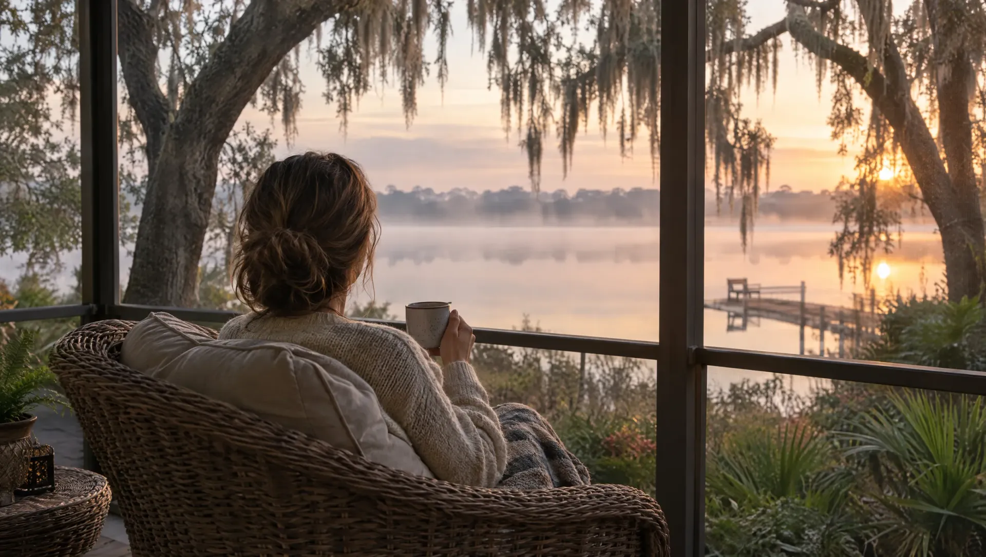 Woman seen from behind in a wicker chair on a screened porch, holding coffee and watching a misty lake at dawn