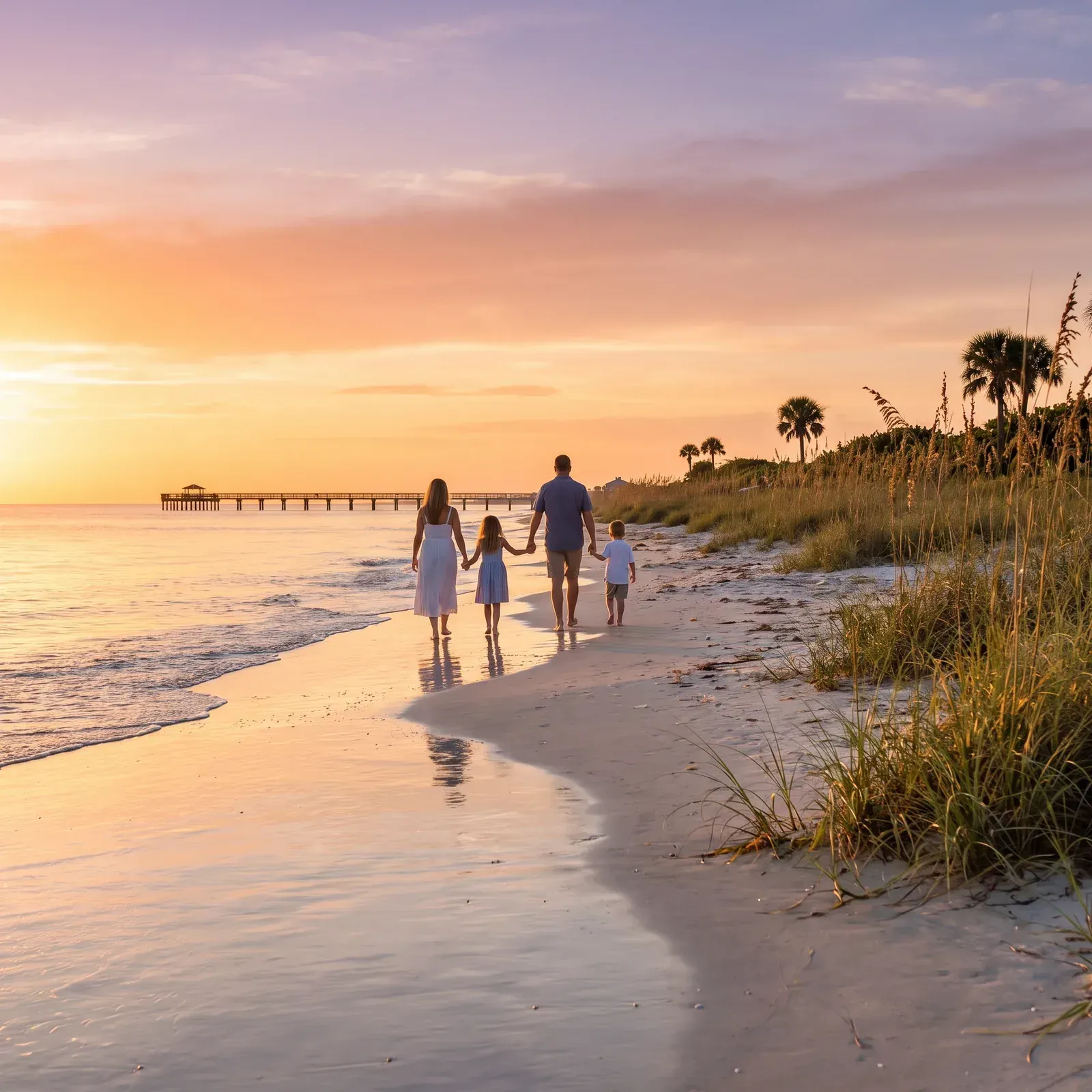Parents walking hand in hand with two young children along the beach at sunset